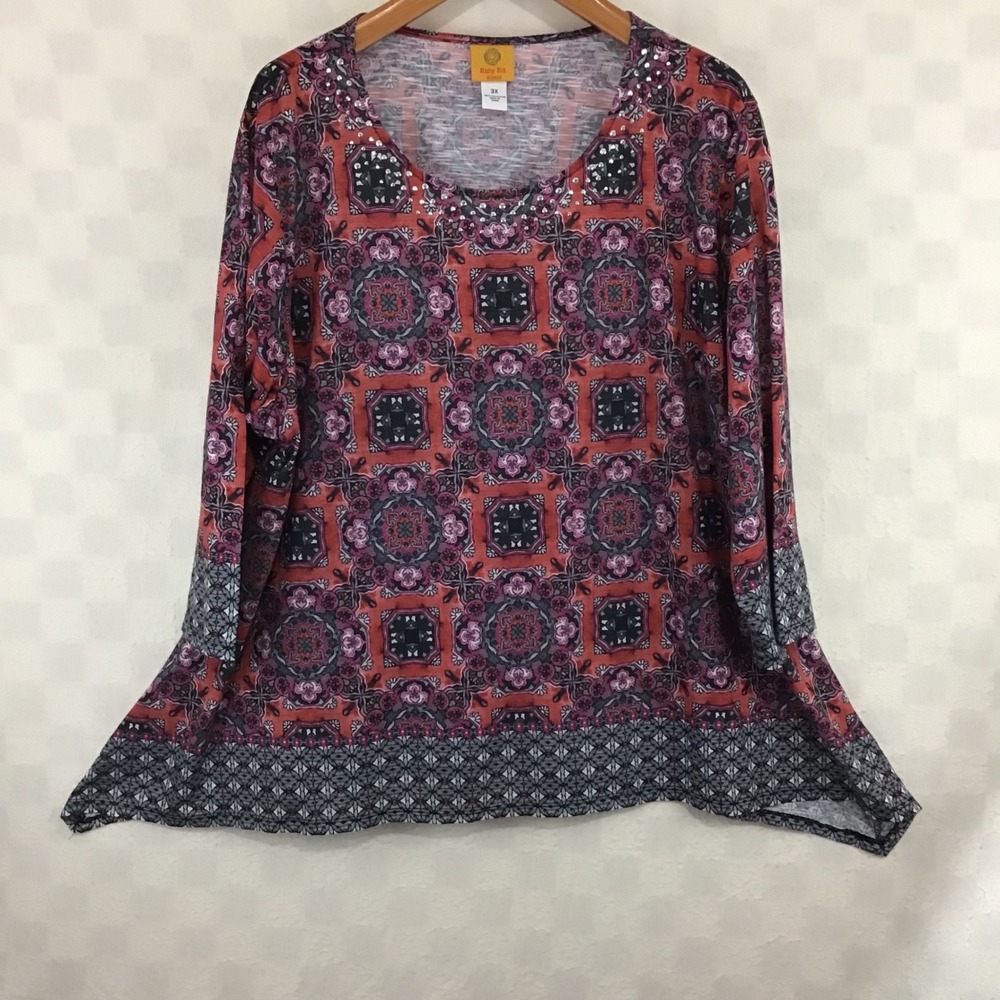 Ruby Rd Woman Plus 3X Medallion Tunic Top Rhinestone Scoop Neck 3/4 Sleeve Red - Picture 2 of 6